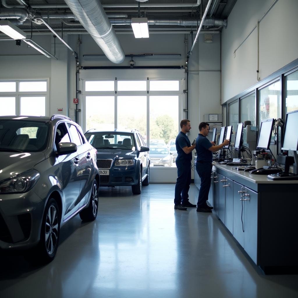 Modern auto repair shop interior with technicians working on a car