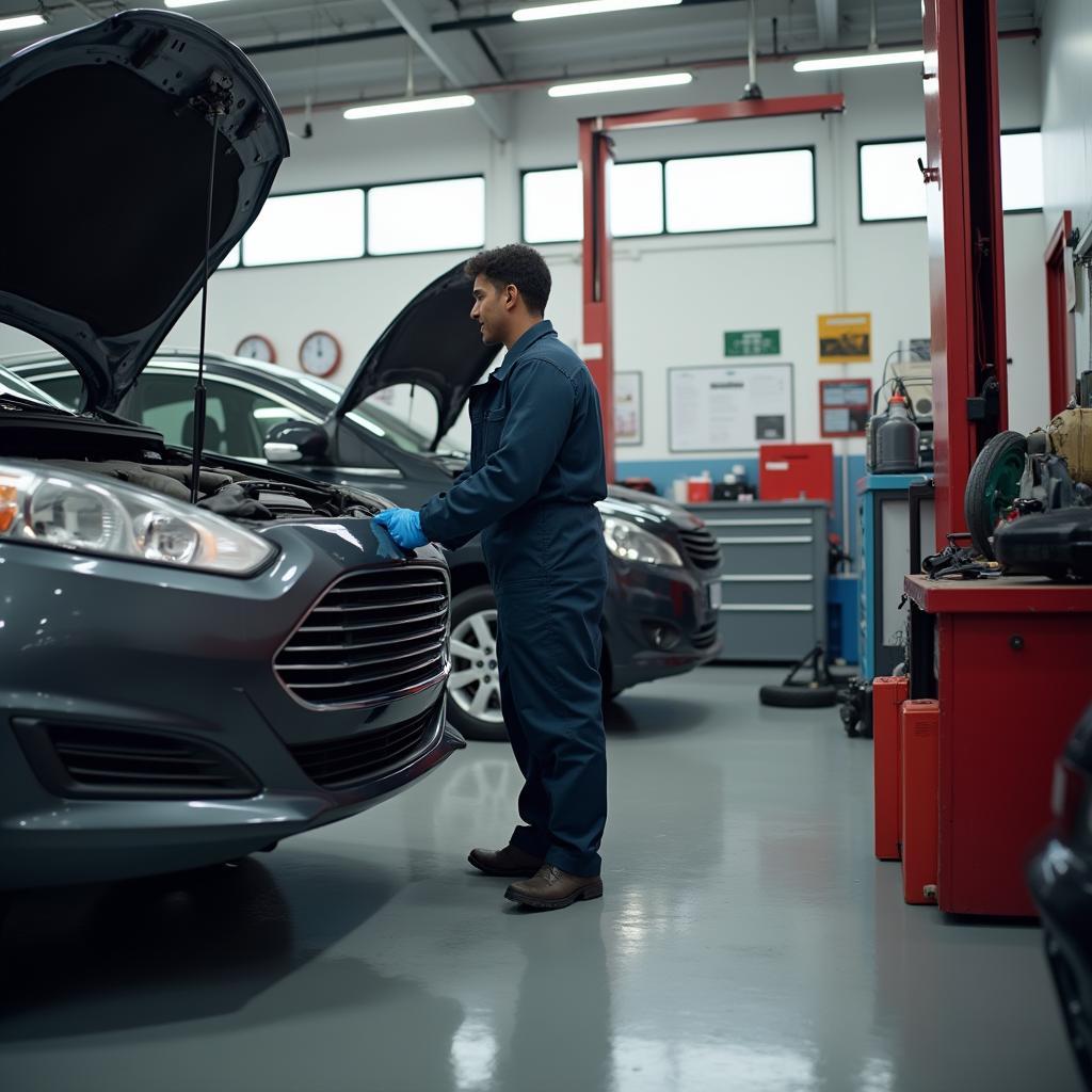 Mechanic working on a car in a repair shop