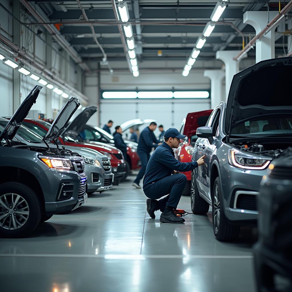 Car service center with a mechanic working on a vehicle