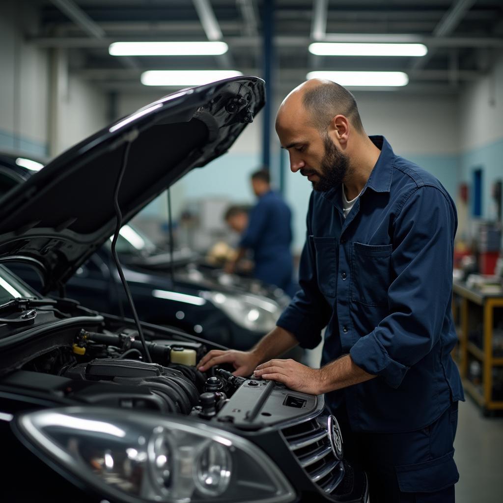 Mechanic working on a car in an Atlantic Auto Service Brooklyn location