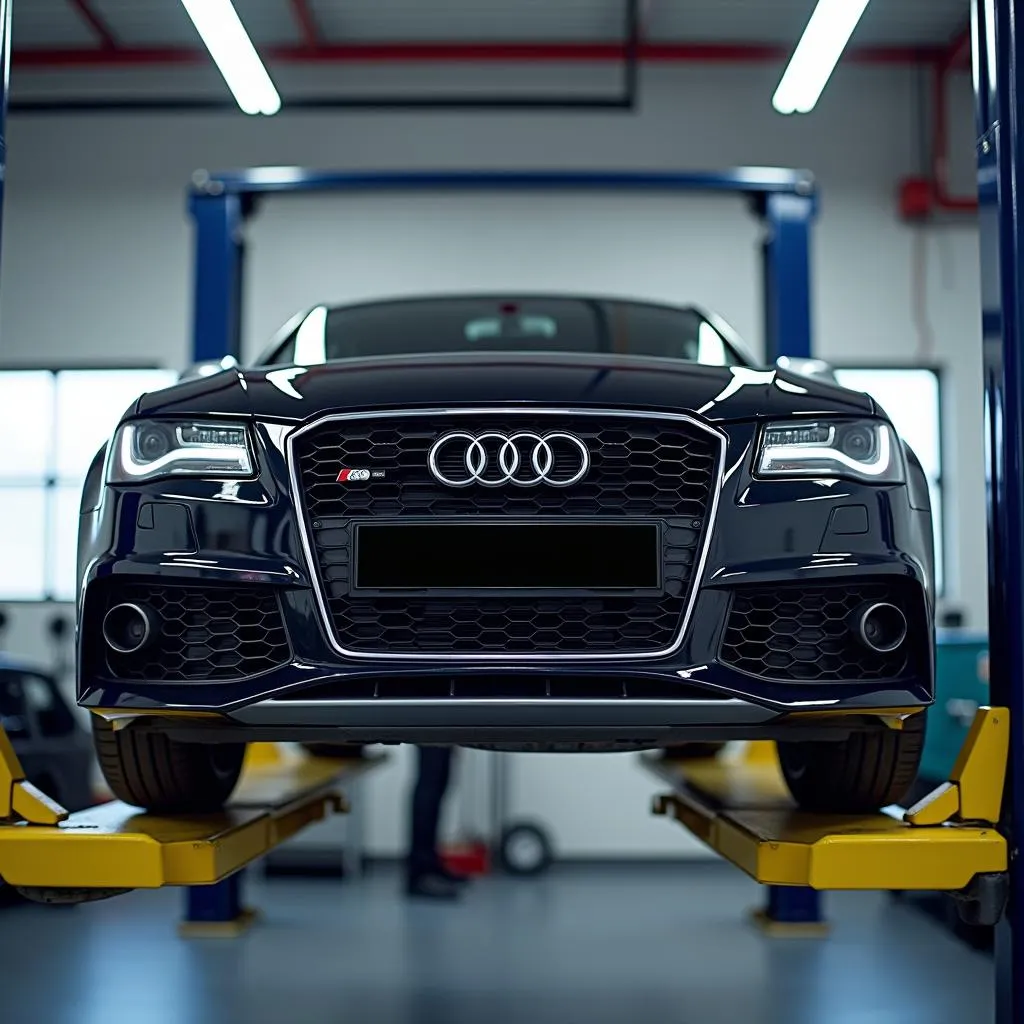 An Audi car being lifted in a service bay for thorough inspection