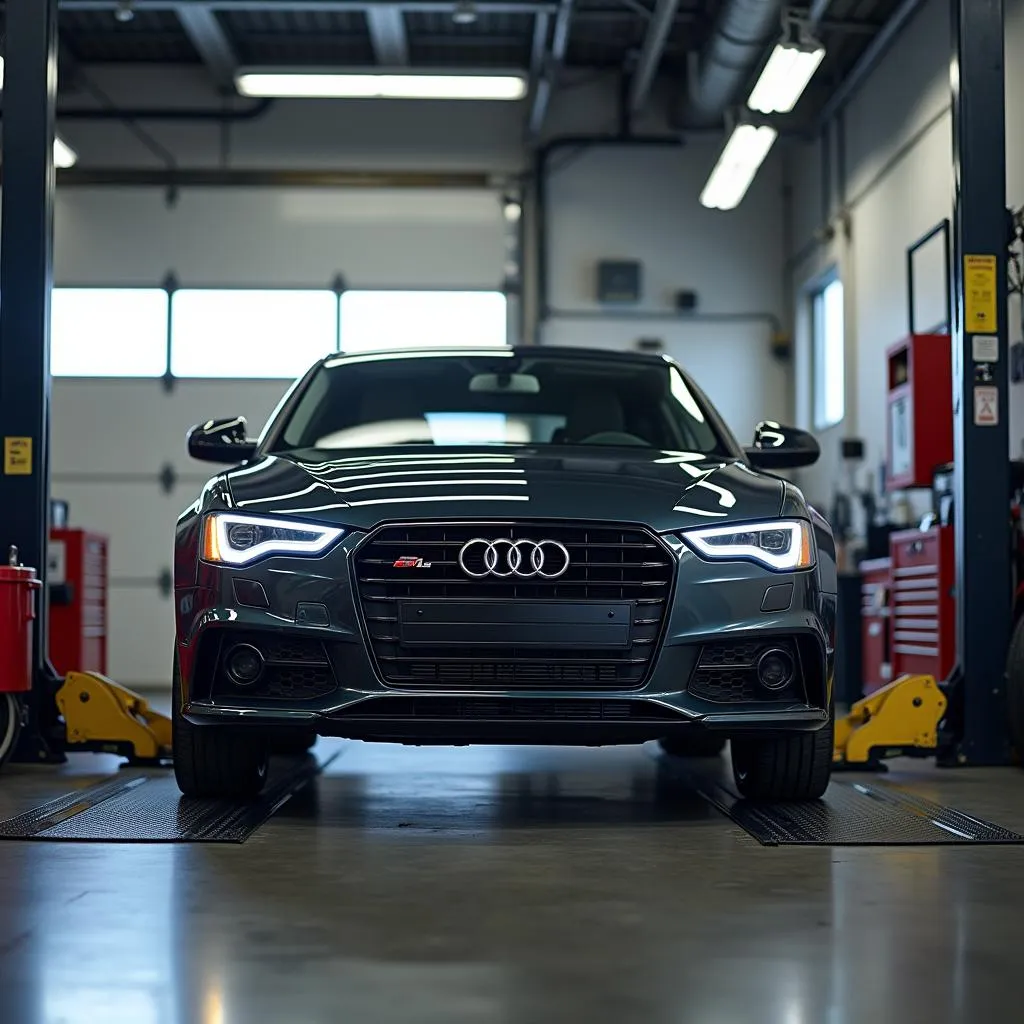 Audi Car on Lift Being Serviced