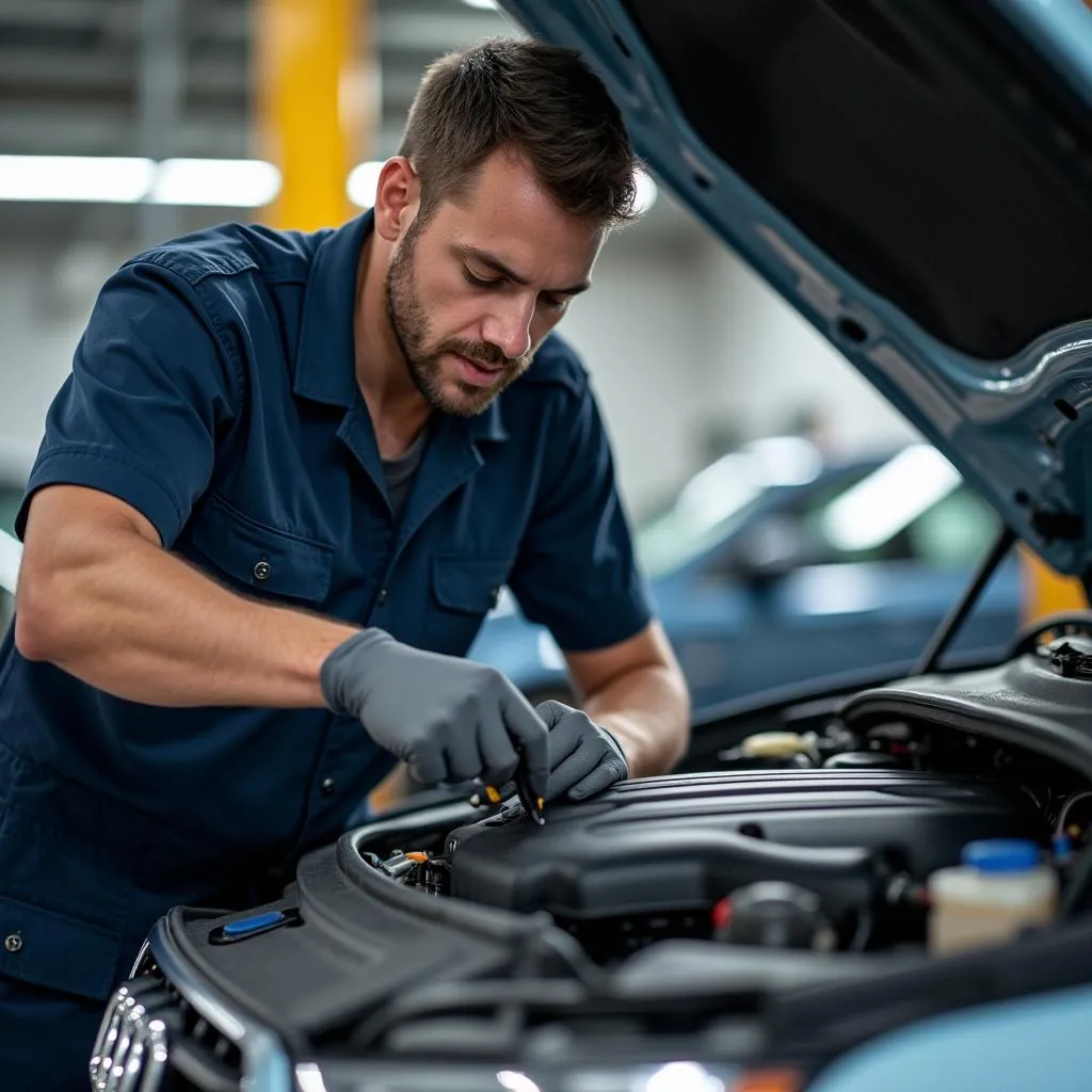 Audi Certified Technician Working on Car Engine