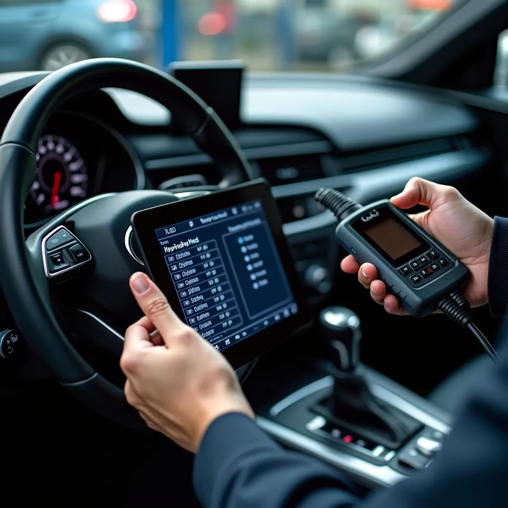 Sophisticated diagnostic equipment being used to analyze an Audi car's systems