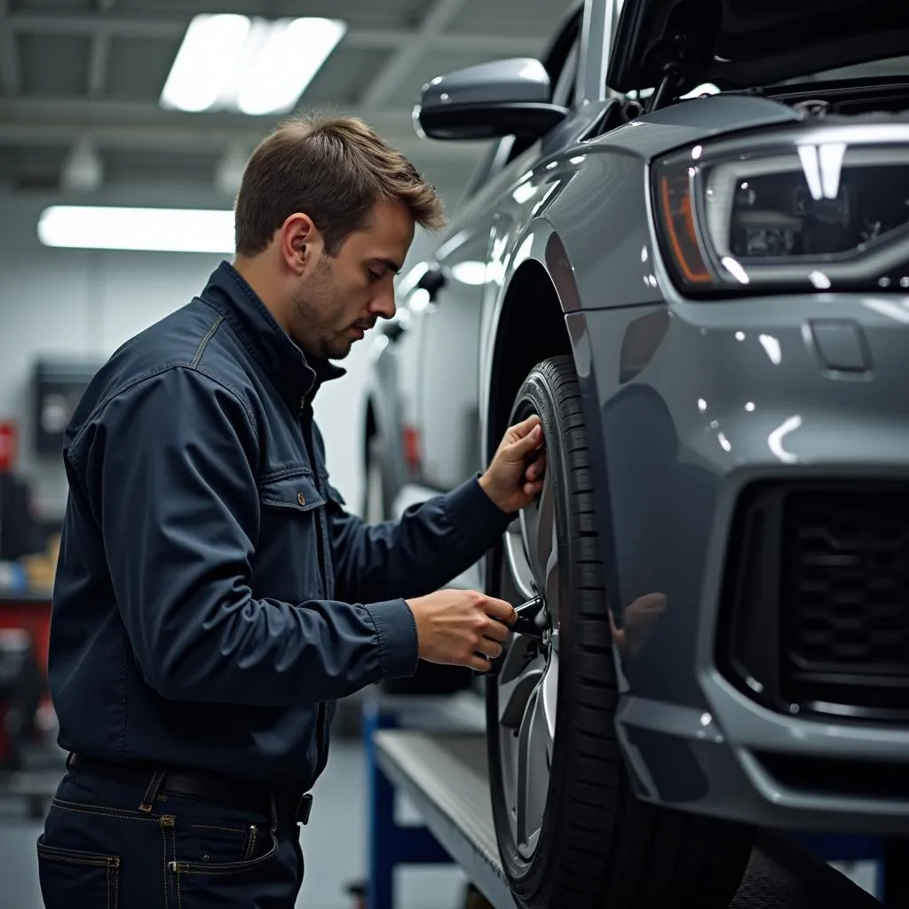 Audi mechanic working on a car