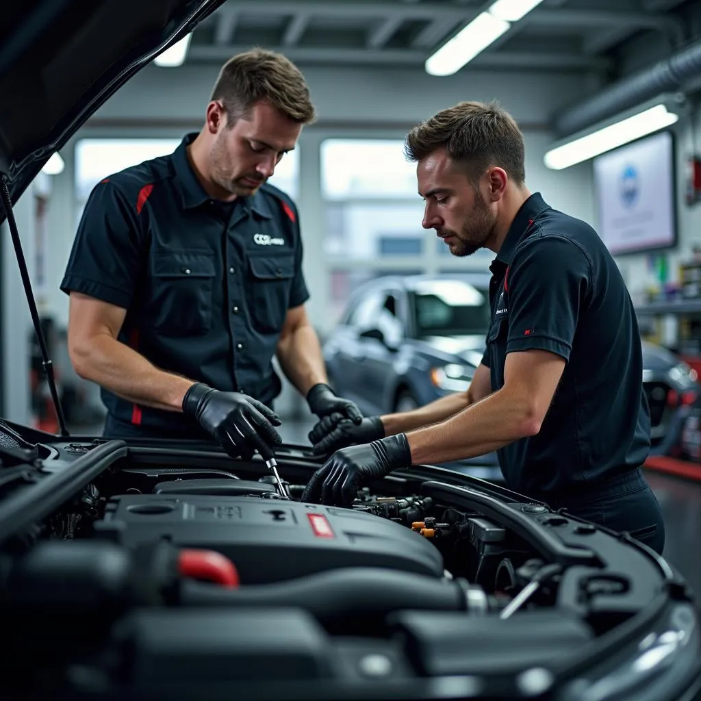 Experienced Audi technician working on a car engine in a modern service center