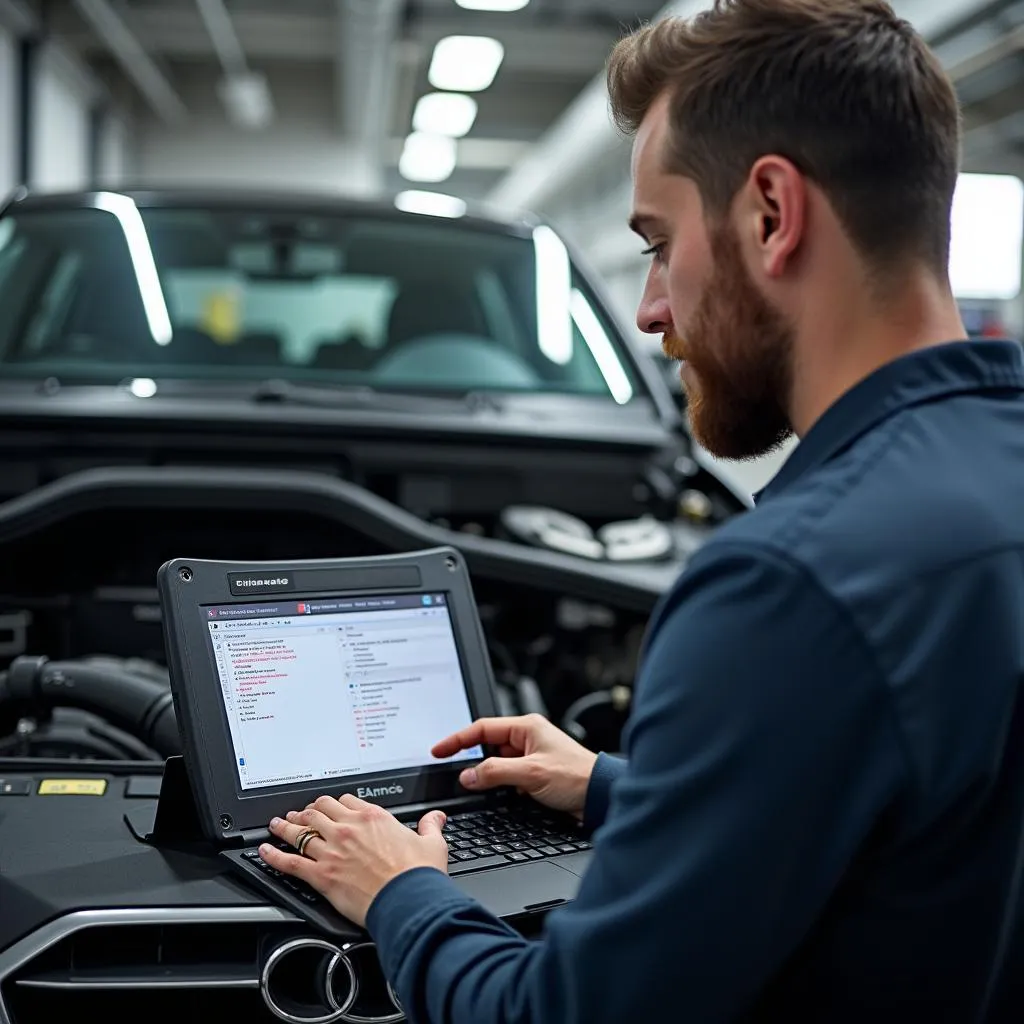 Audi Technician Diagnosing Car