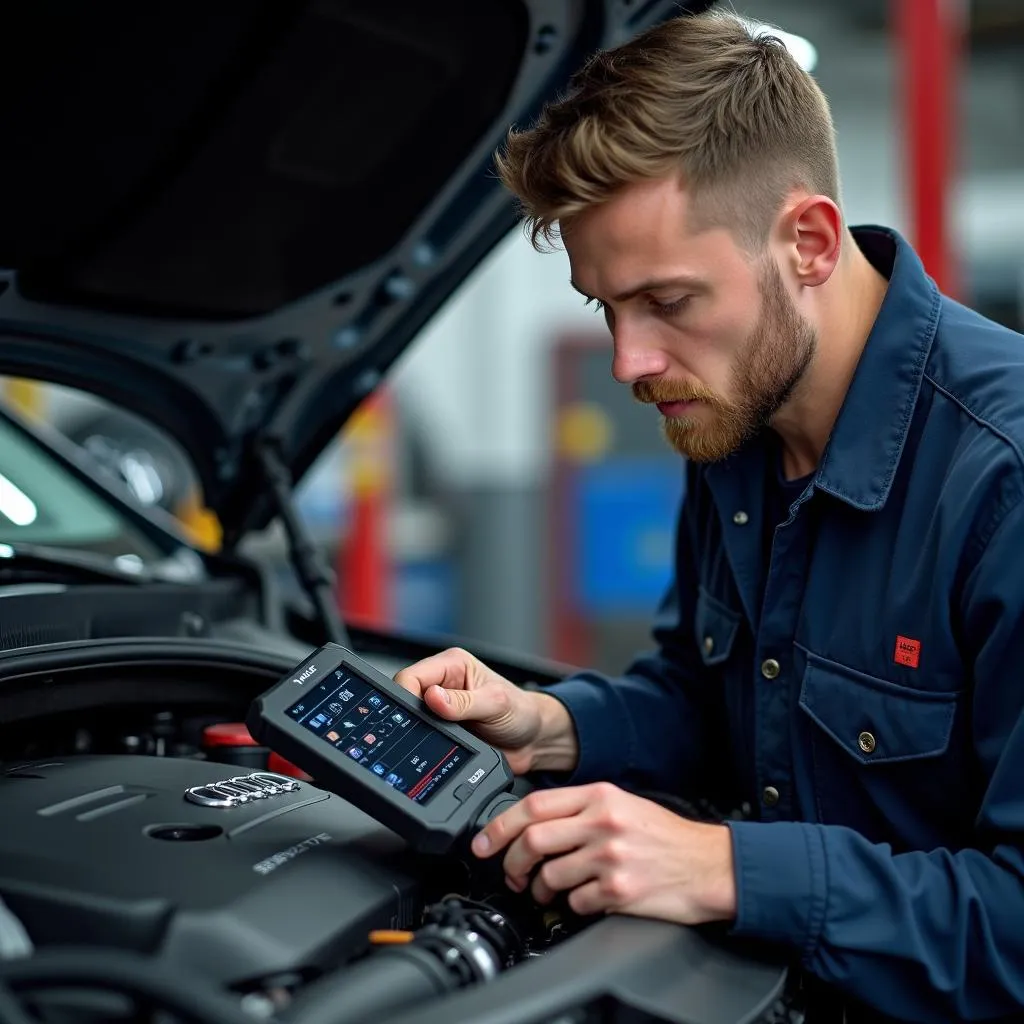 Technician performing engine diagnostics on an Audi vehicle at Auto Bach GmbH