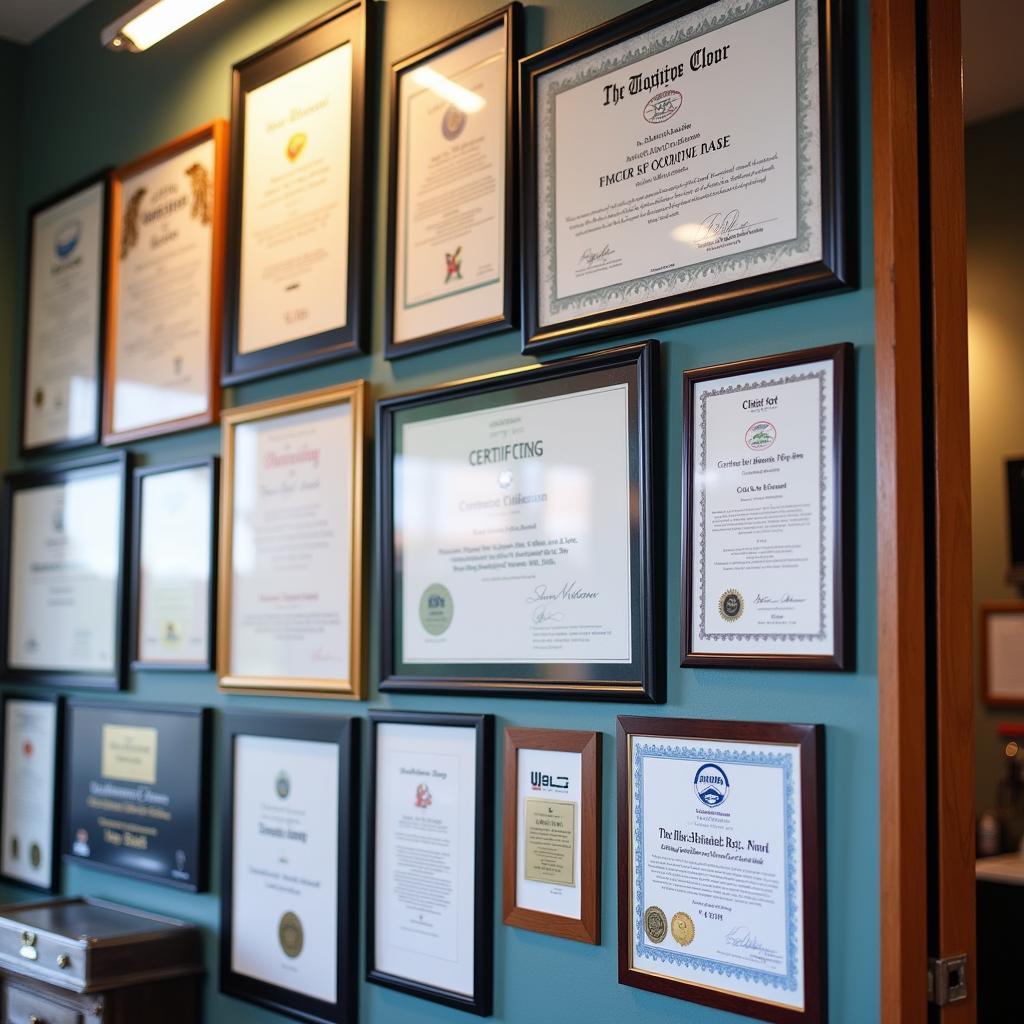 Certifications displayed on the wall of an auto service center in Augusta