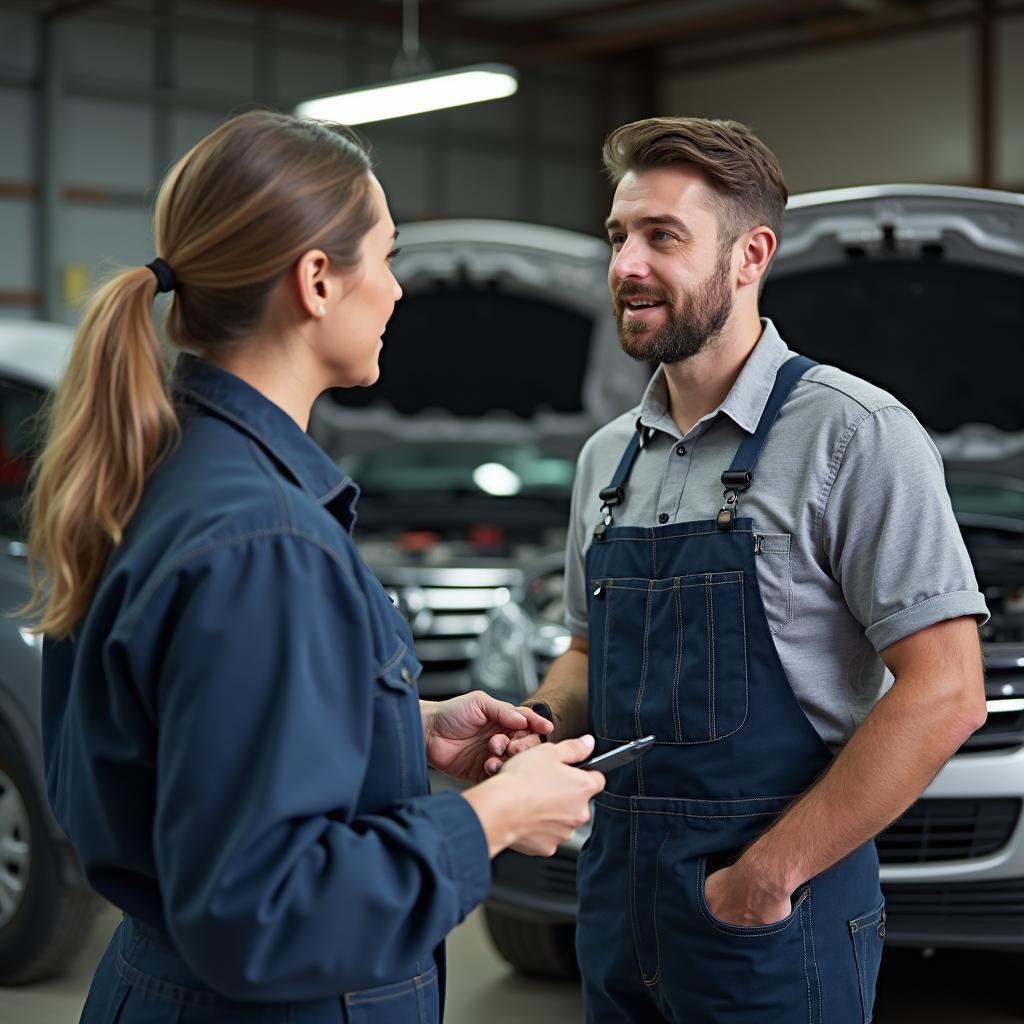 Customer discussing car repair with a mechanic in Austin.