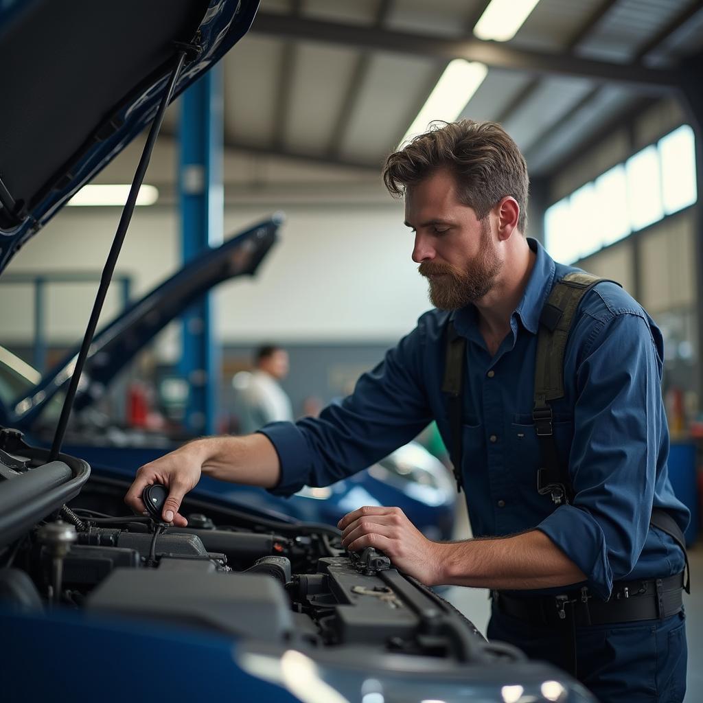 Mechanic inspecting a car in an Austin auto repair shop