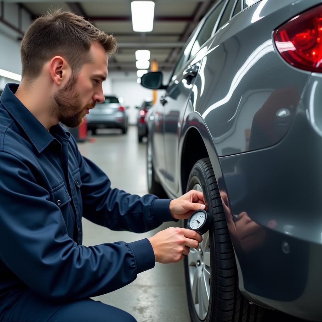 Checking tire pressure in Austin auto service