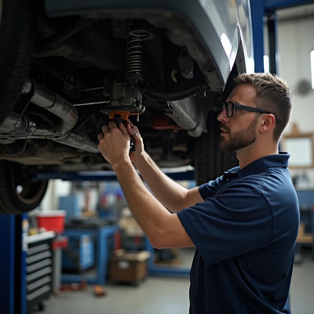 Experienced mechanic working on a car's undercarriage in an Austin repair shop