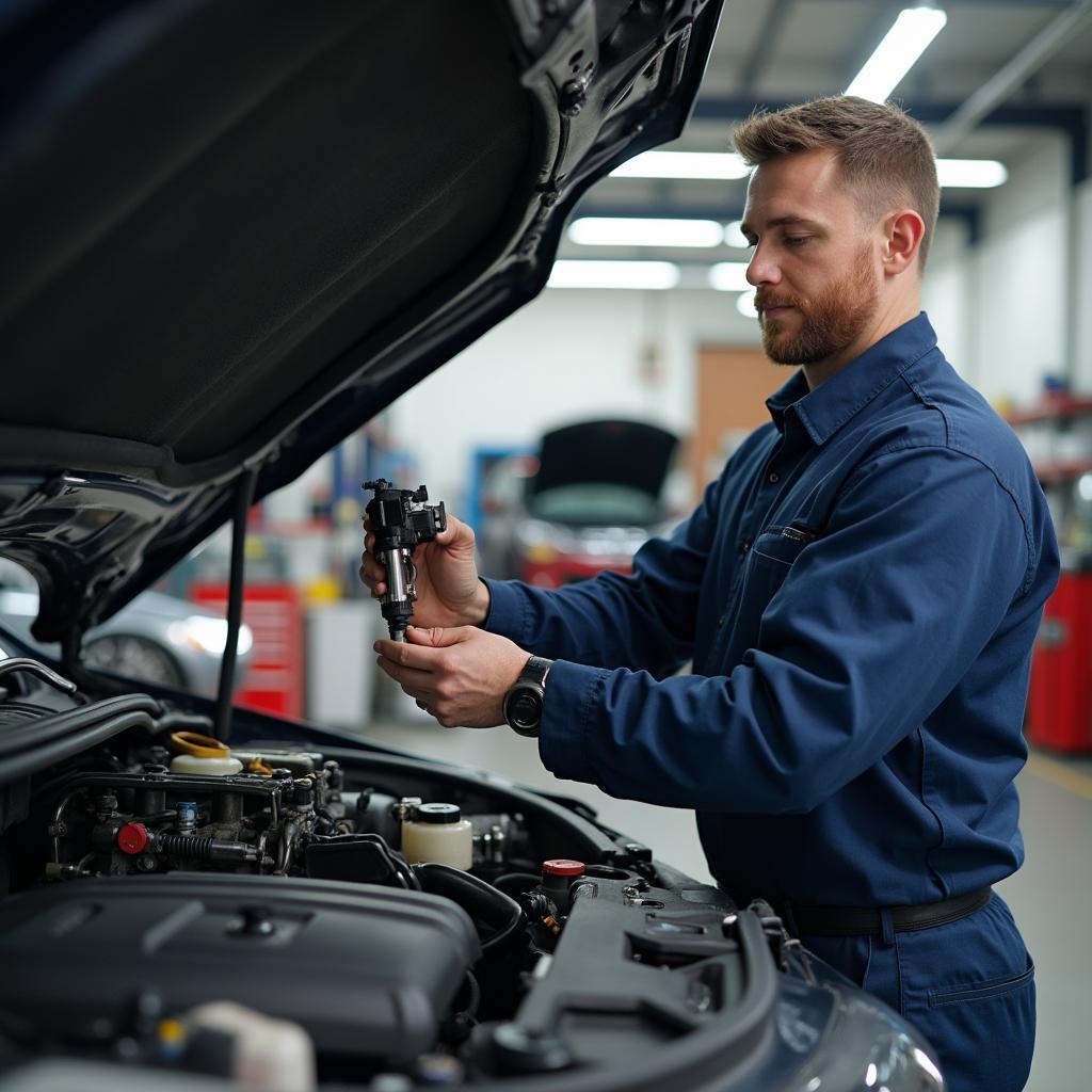 Mechanic inspecting car air conditioning system in a garage in 78223