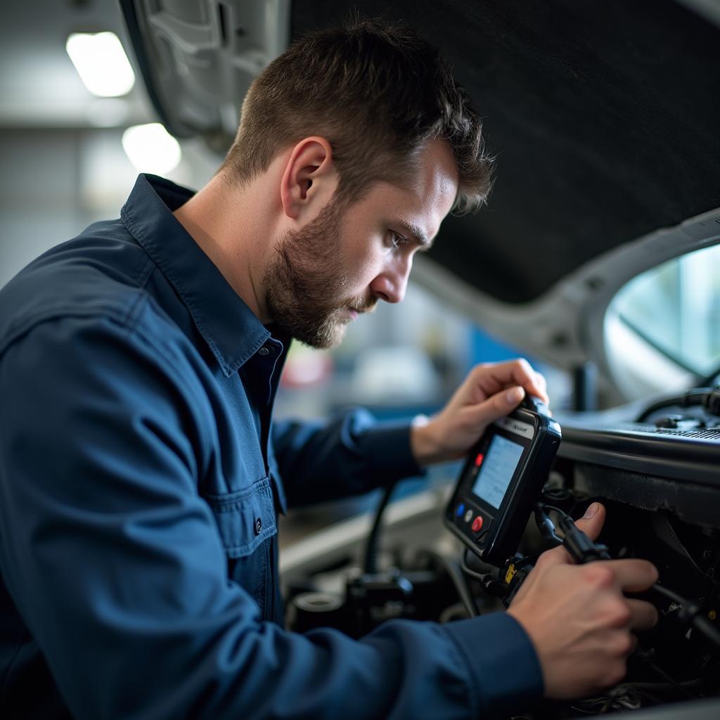 Mechanic diagnosing car AC issue