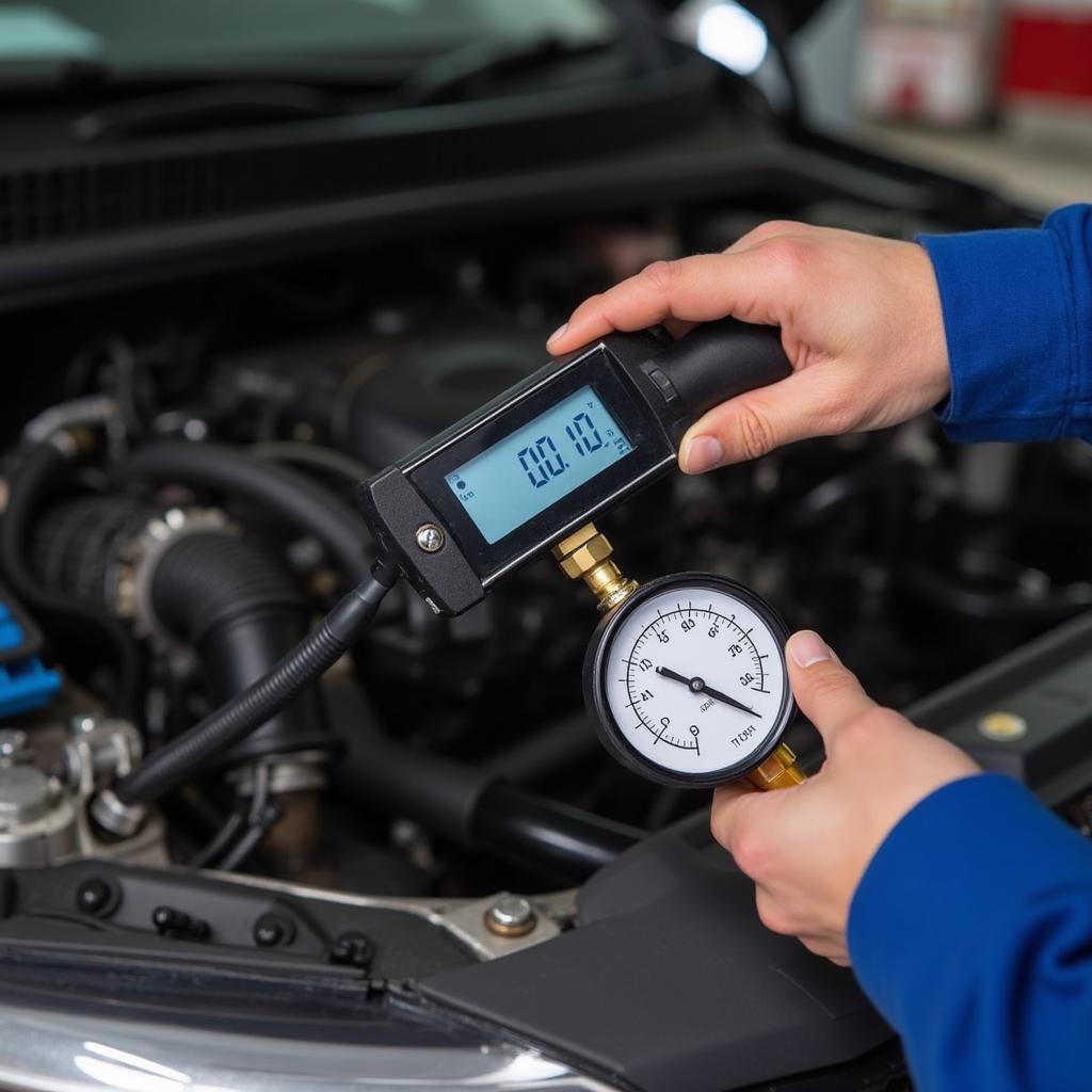 Technician using a digital gauge manifold to check refrigerant pressure