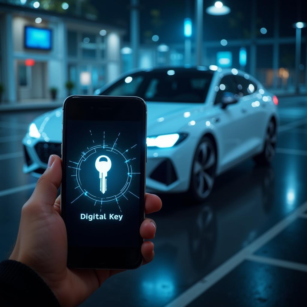 Conceptual image representing the future of car ownership with digital keys and connected car technology.