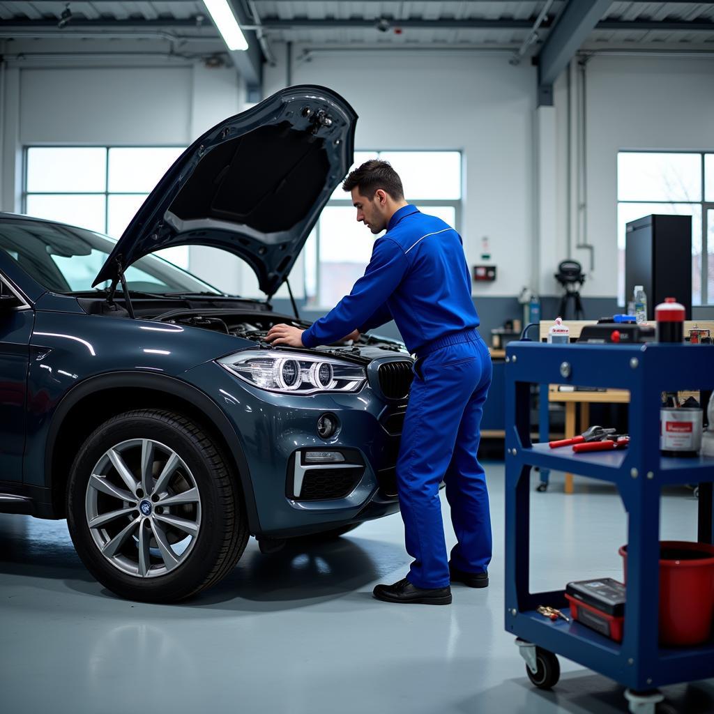 Mechanic working on a car in an auto alternative service shop