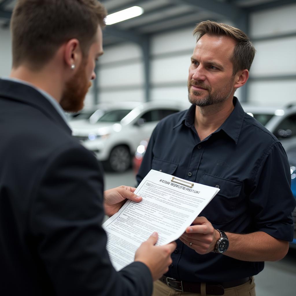 Auto auction inspector reviewing a detailed car history report with a client.