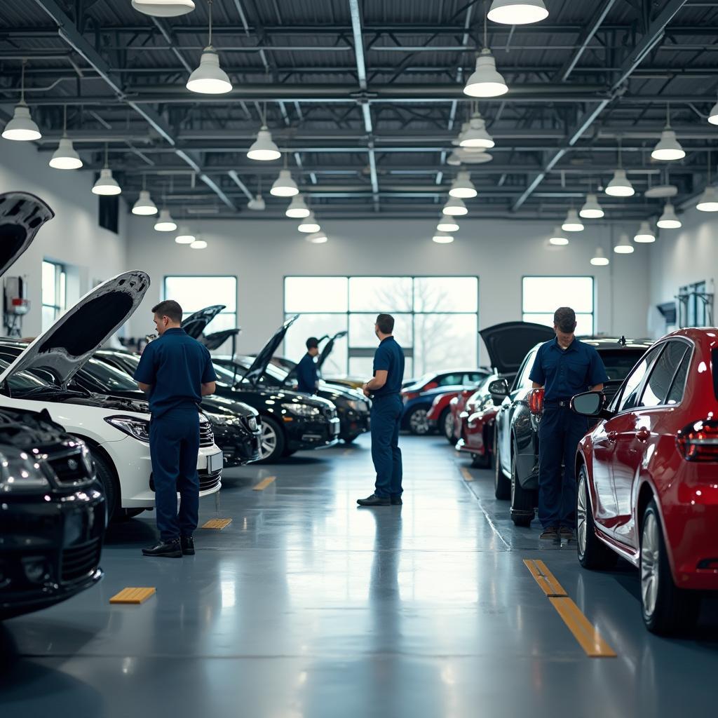 Modern auto service center with mechanics working on vehicles