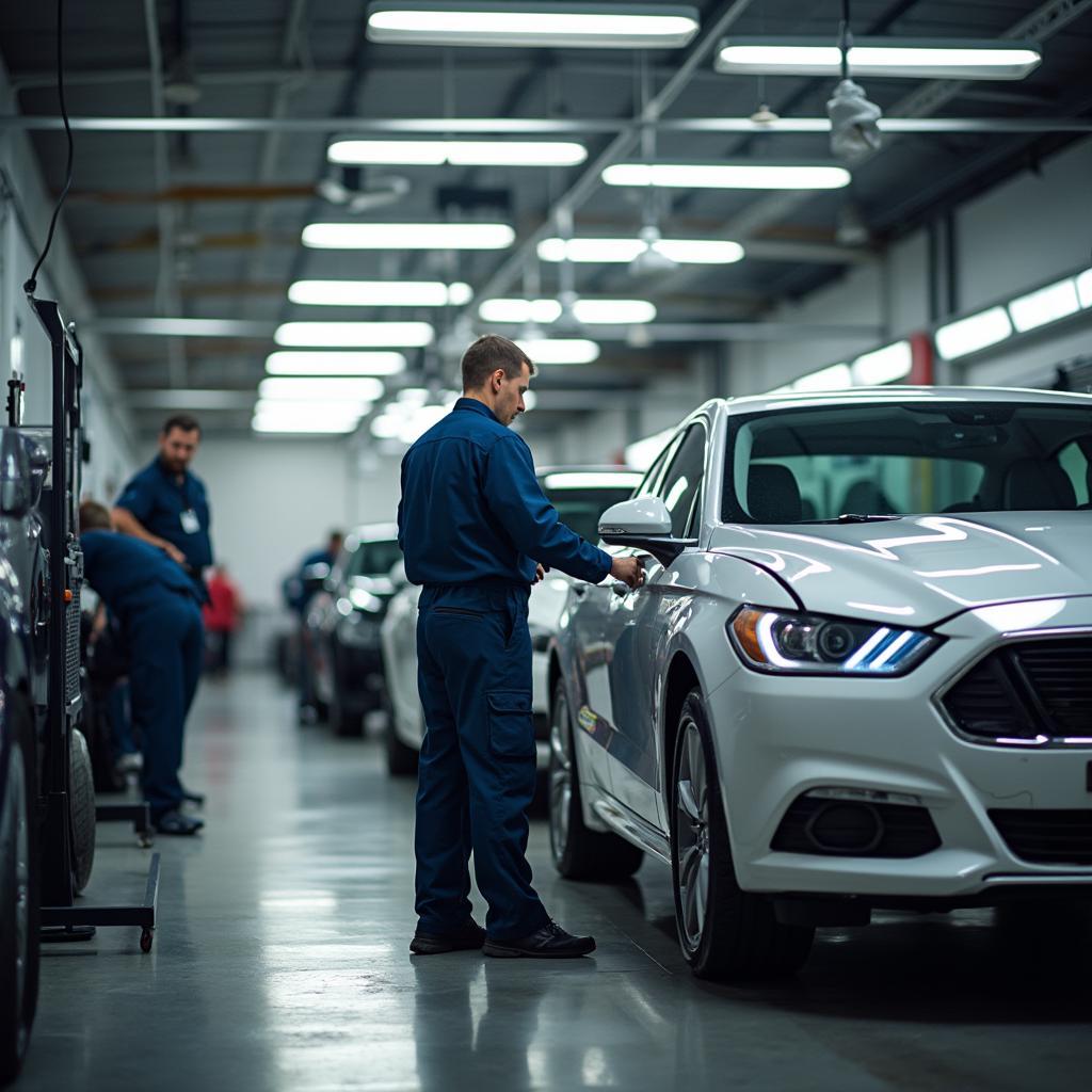 Auto body collision repair shop with technicians working