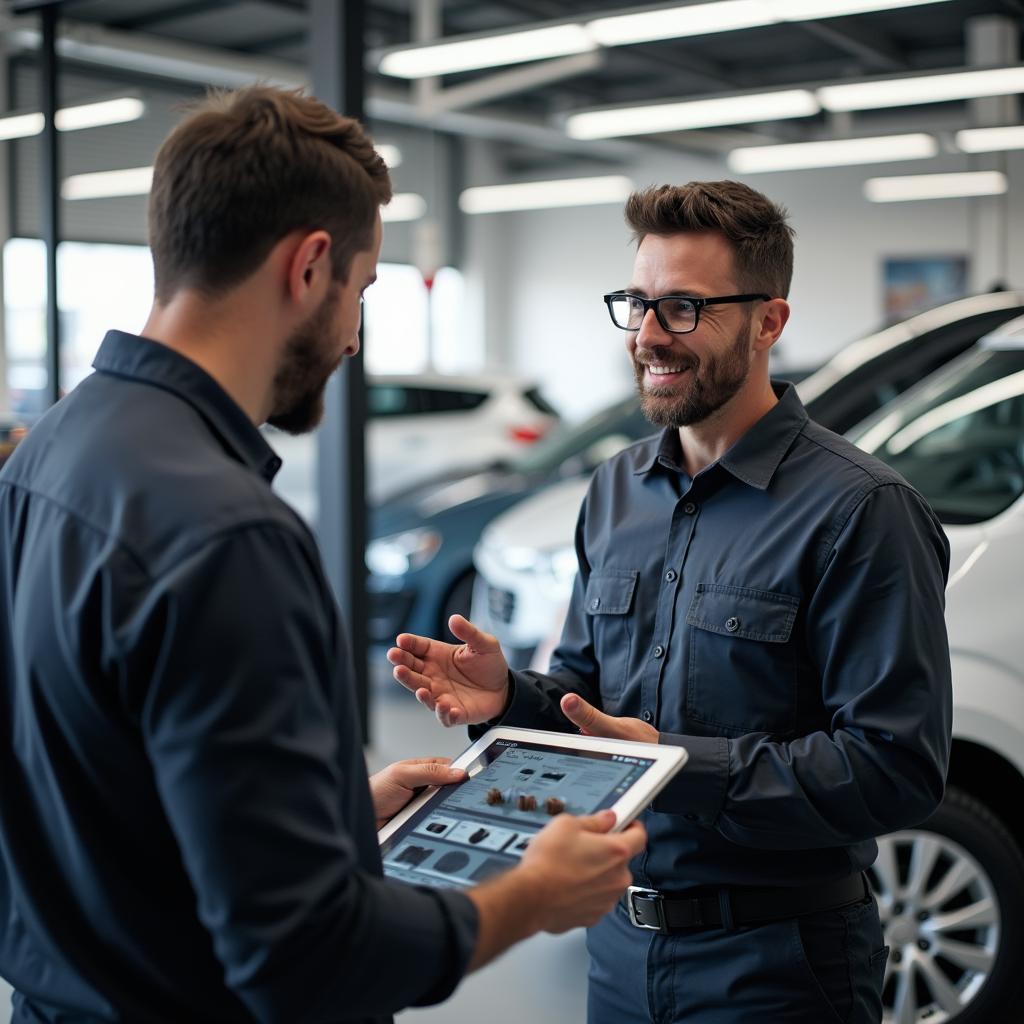  Discussing Auto Body Repair Options with a Technician in Plainfield, NJ