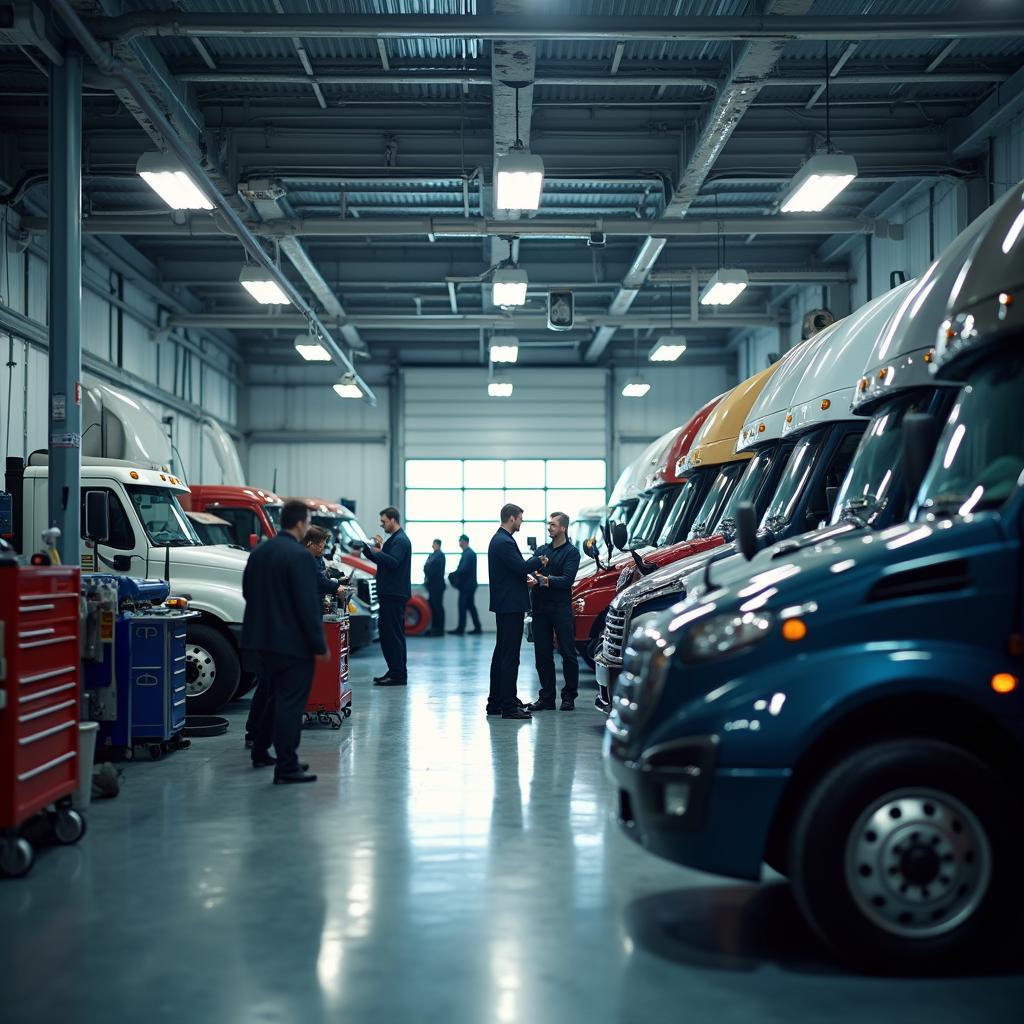 Busy auto body repair shop in Jackson, MI with technicians working on fleet vehicles.