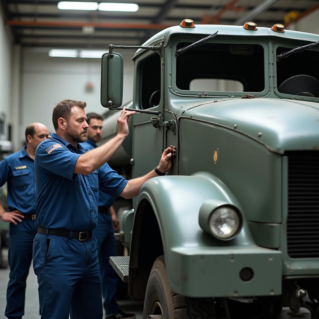 Skilled technicians working on a military truck's bodywork