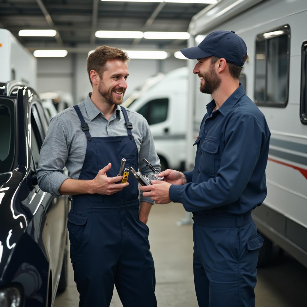 Mechanic explaining repairs to auto camping car owner