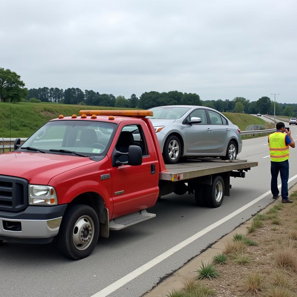 Tow truck assisting a stranded motorist