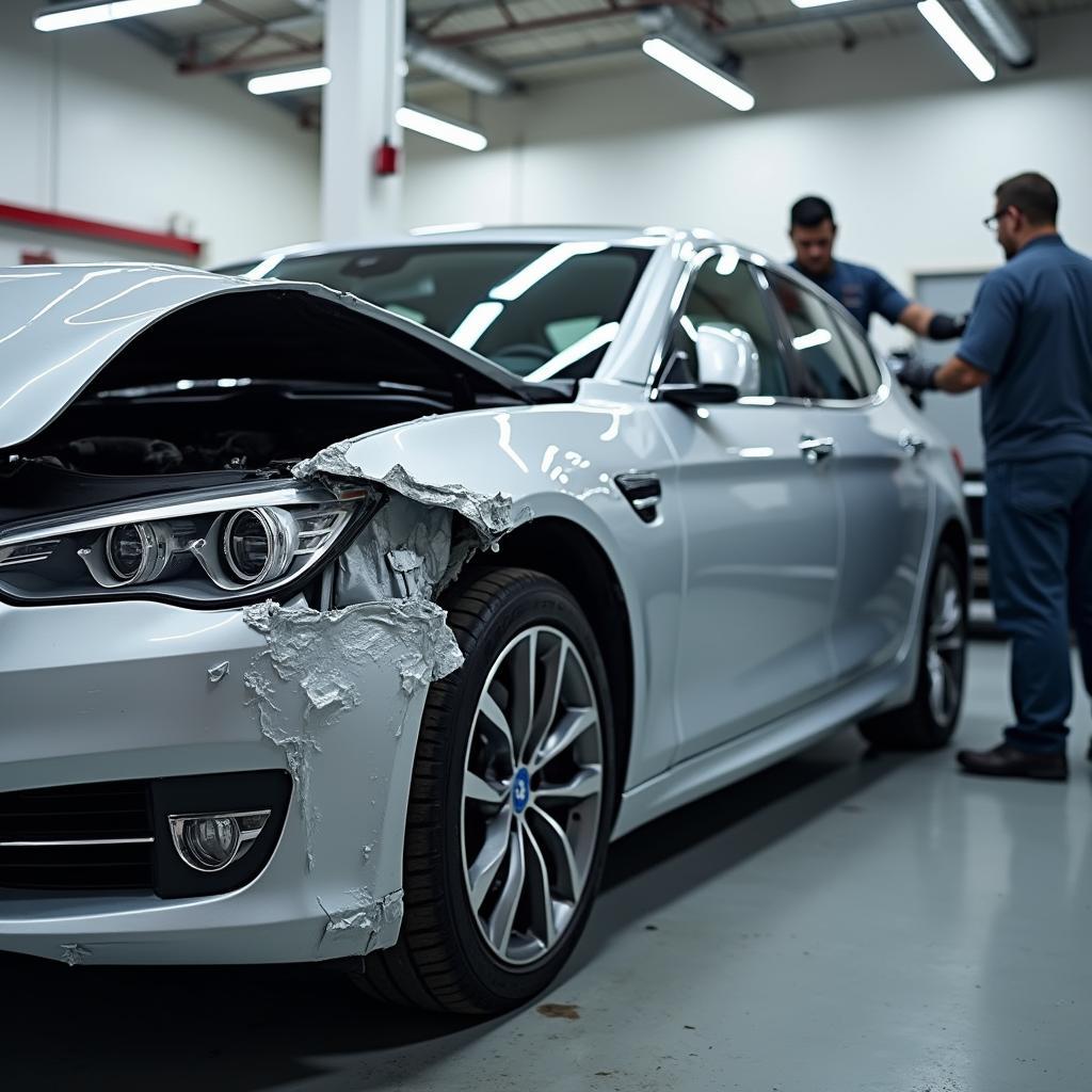 Car undergoing professional collision repair in a Fort Wayne auto shop