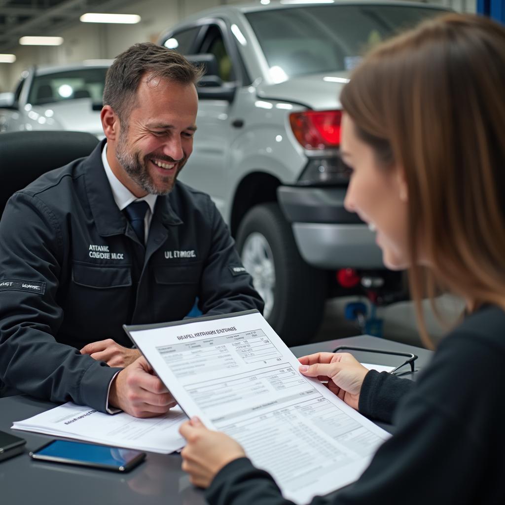 Mechanic discussing repair estimate with customer