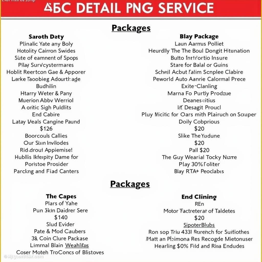 Example of an Auto Detailing Service Menu