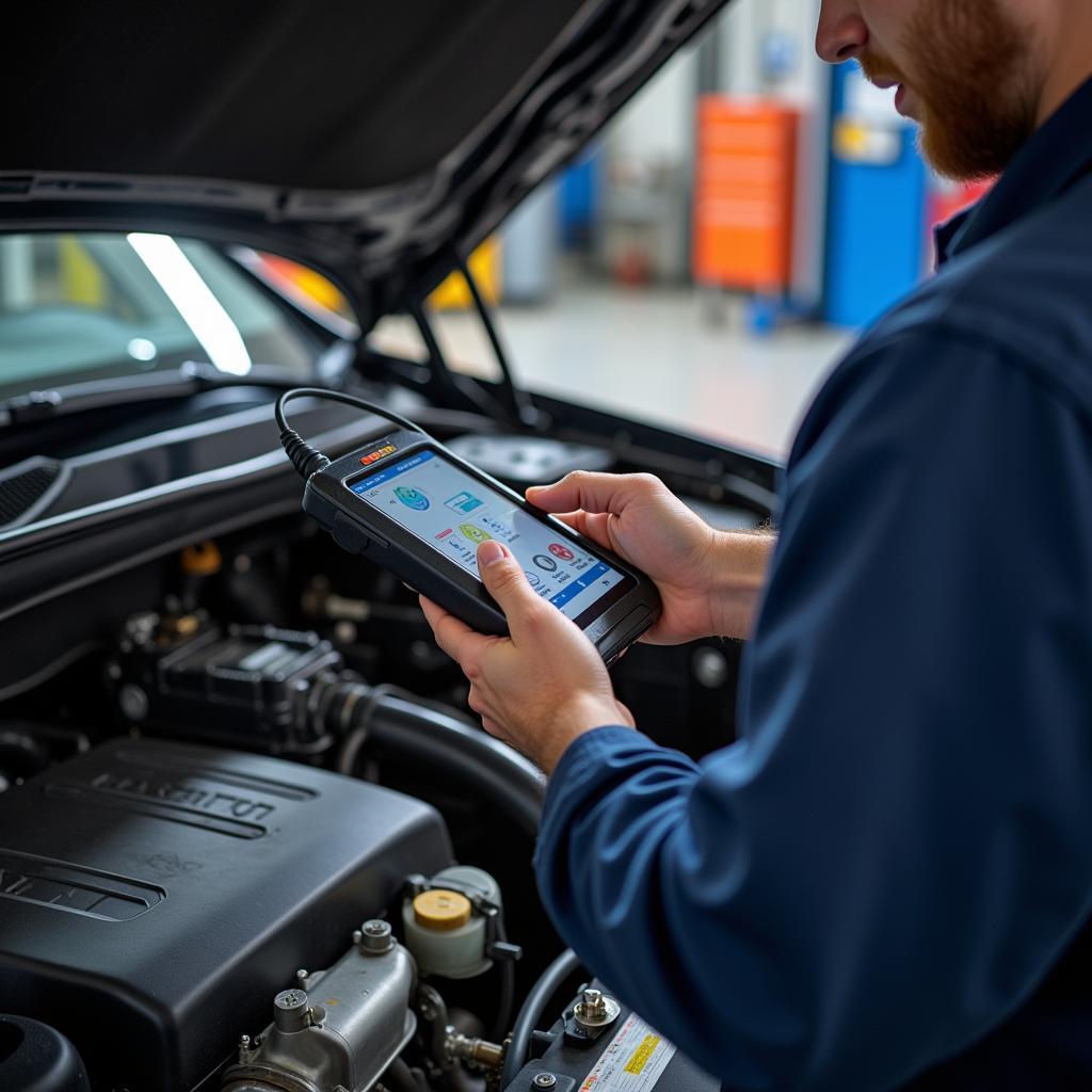 Mechanic using a diagnostic scanner on a car engine