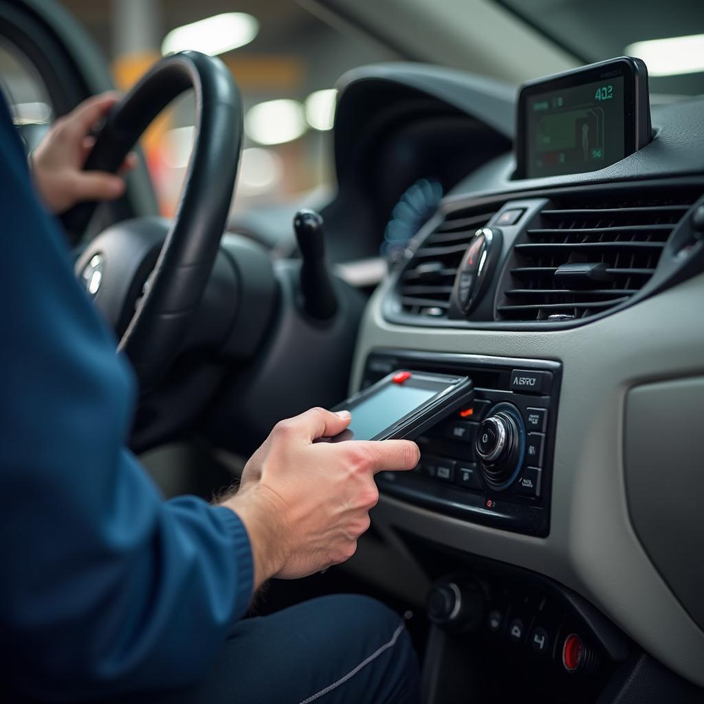 Auto diagnosis specialist using a scan tool on a vehicle