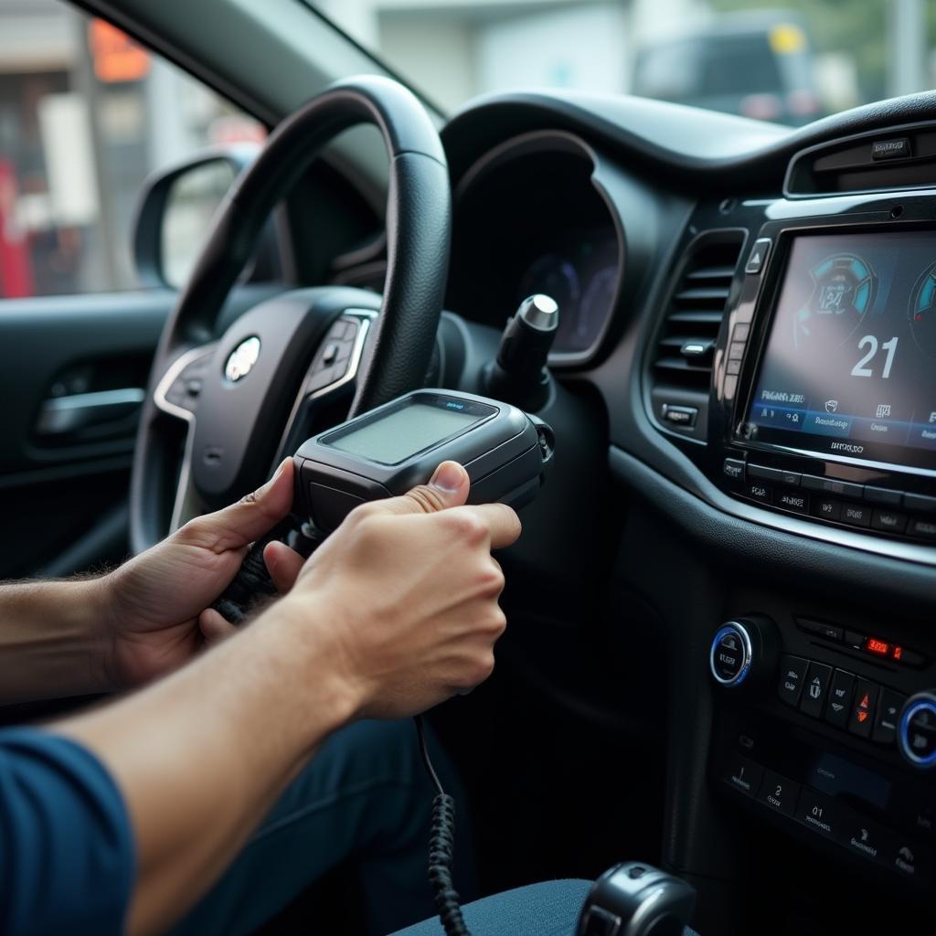 Mechanic using a high-tech diagnostic scanner on a car in Pinellas County