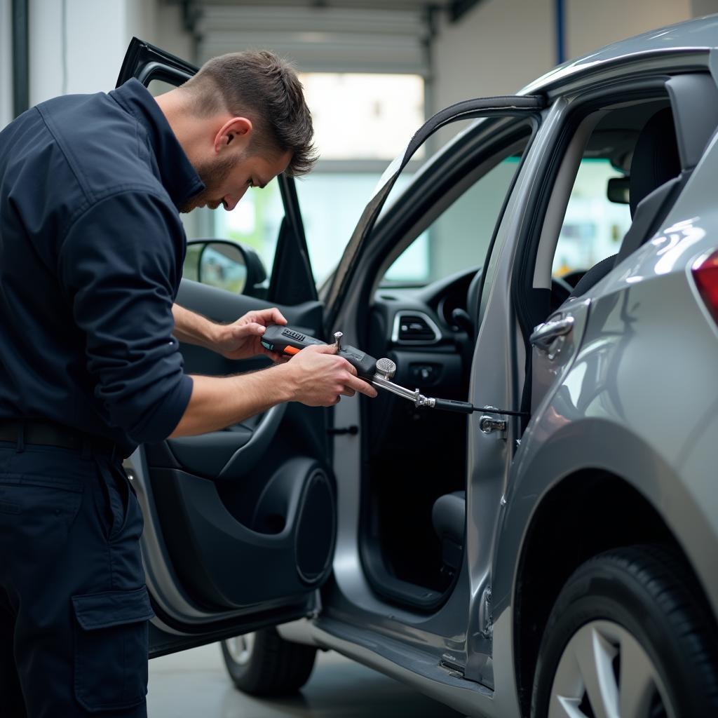 Car door repair service in progress