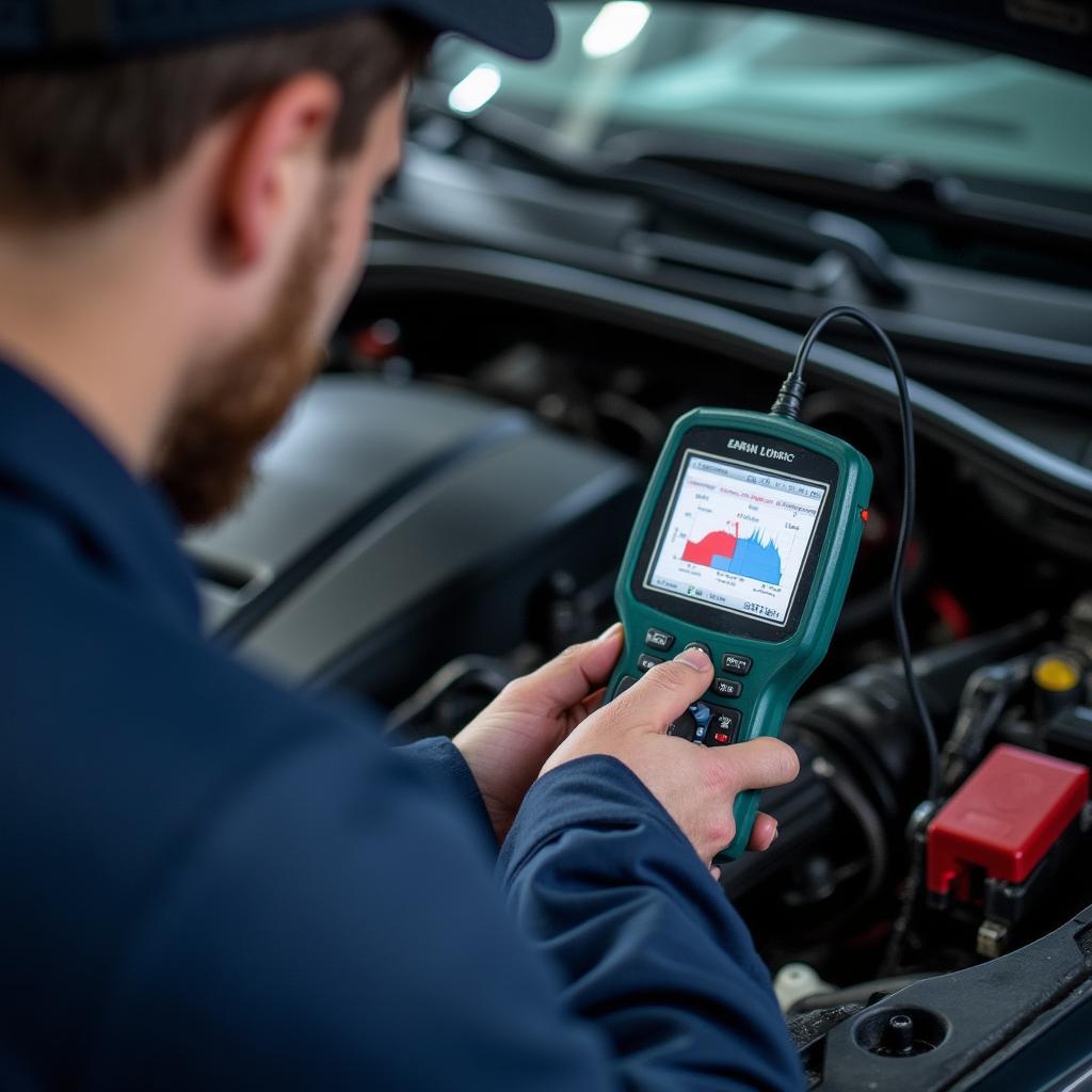 A mechanic using a diagnostic tool on a car's electrical system