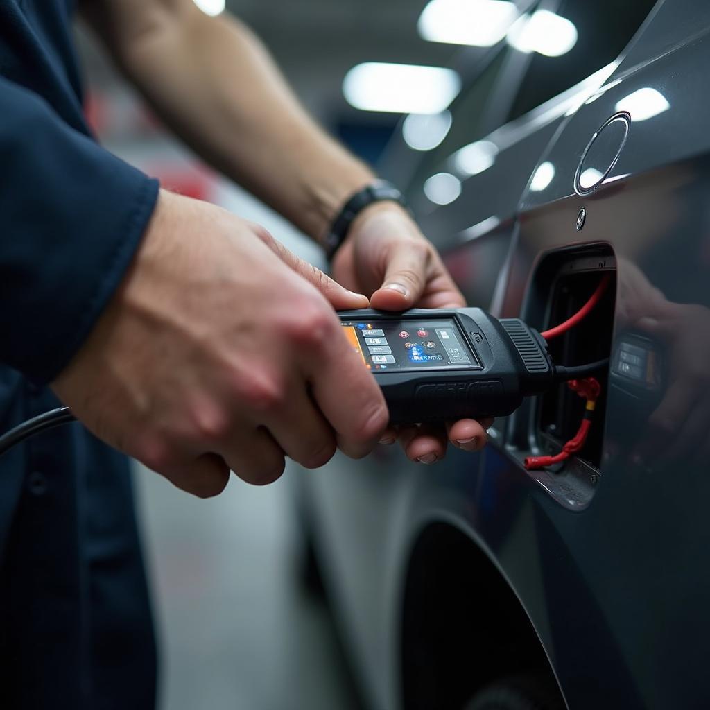 Auto electrician using diagnostic equipment