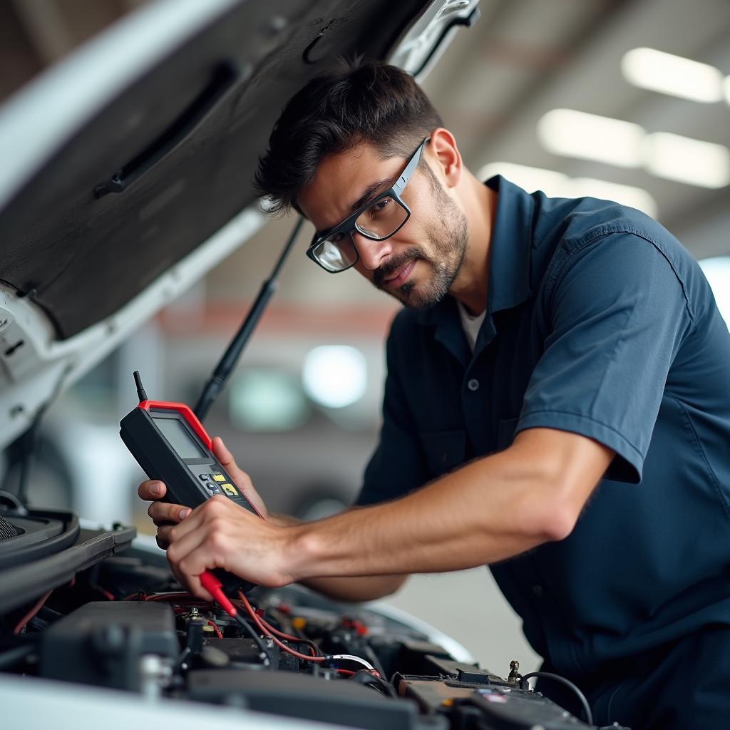 Auto electrician diagnosing a car battery