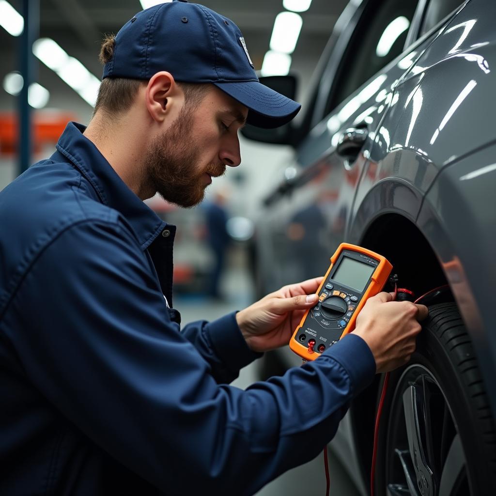 Auto electrician diagnosing a car using a digital multimeter