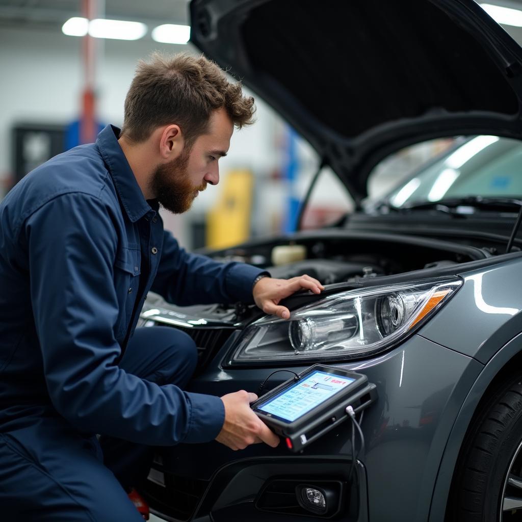 Skilled auto electrician diagnosing a car's electrical system