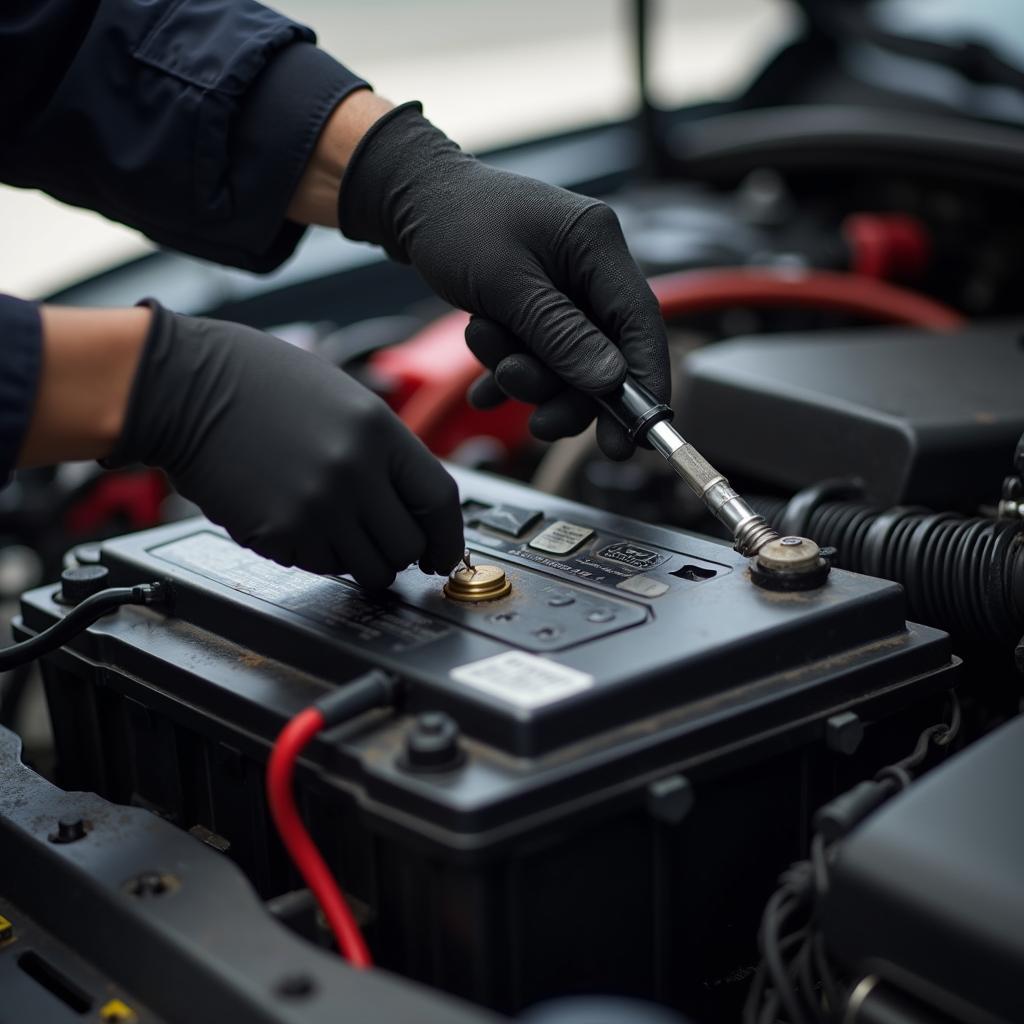 Auto Electrician Working on Car Battery