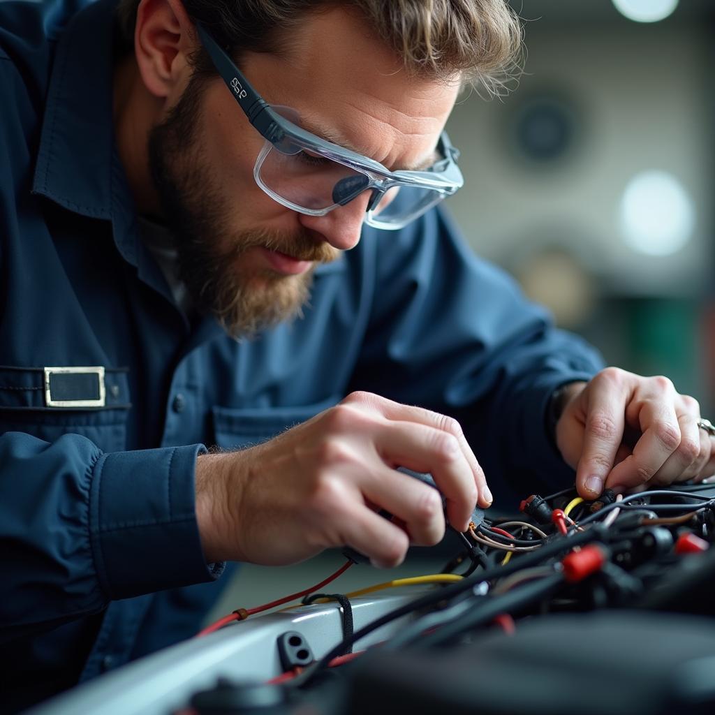 Skilled auto electrician repairing car wiring