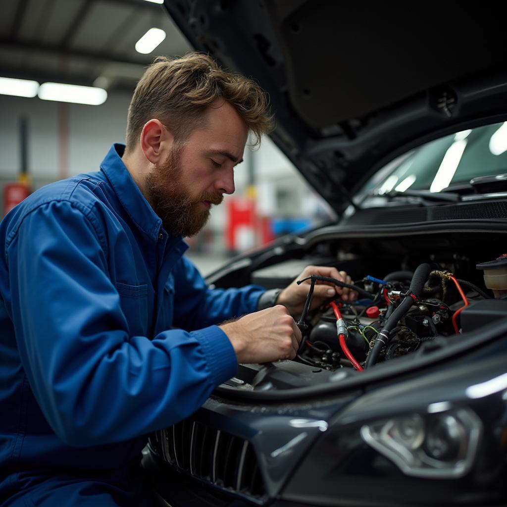 Auto Electrician Meticulously Inspecting Vehicle Wiring in Padiham