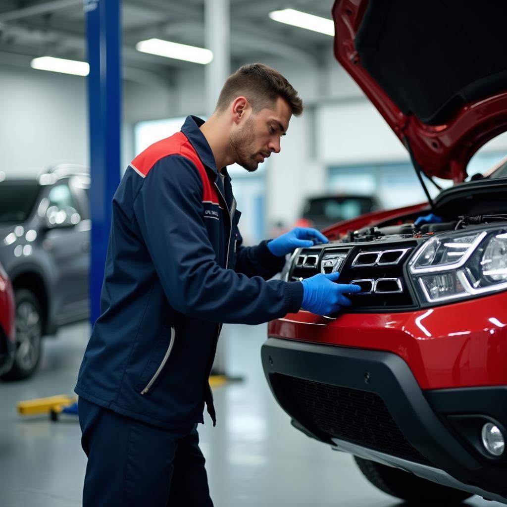 Skilled Auto Europa Technician Performing Maintenance on a Dacia