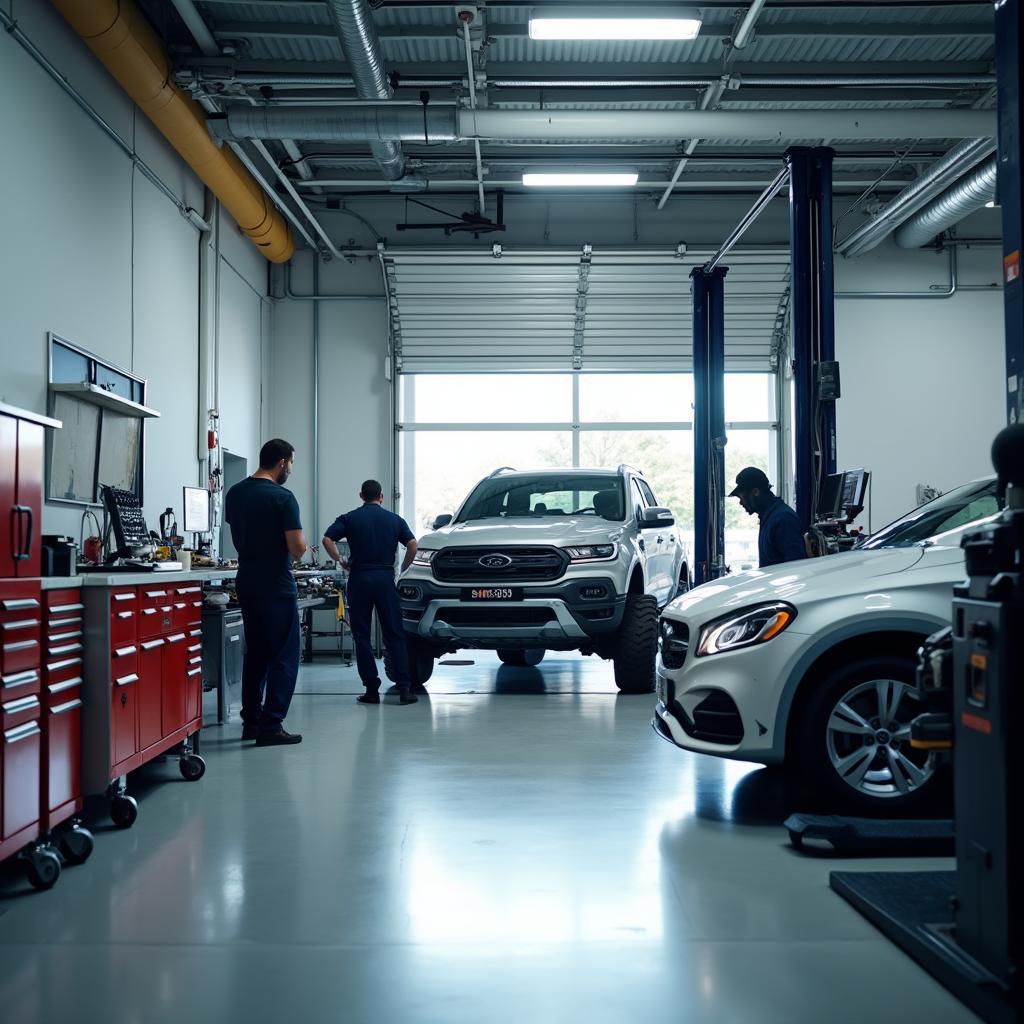 Mechanics working efficiently in a well-equipped service bay