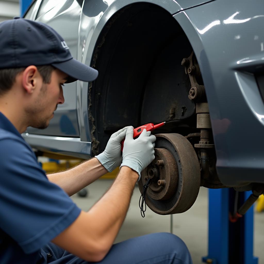 Mechanic assessing auto frame damage