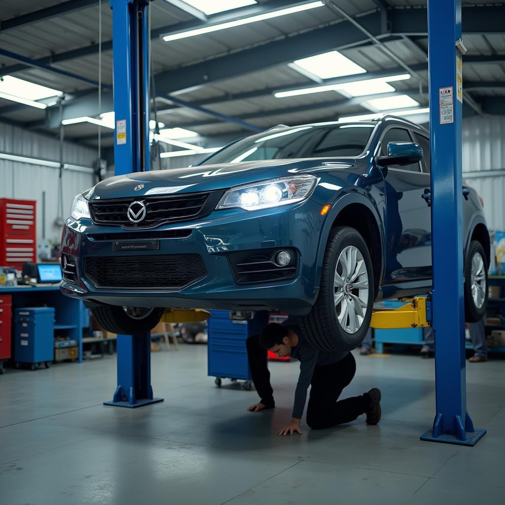 Car undergoing auto gearbox service in a Malaysian workshop