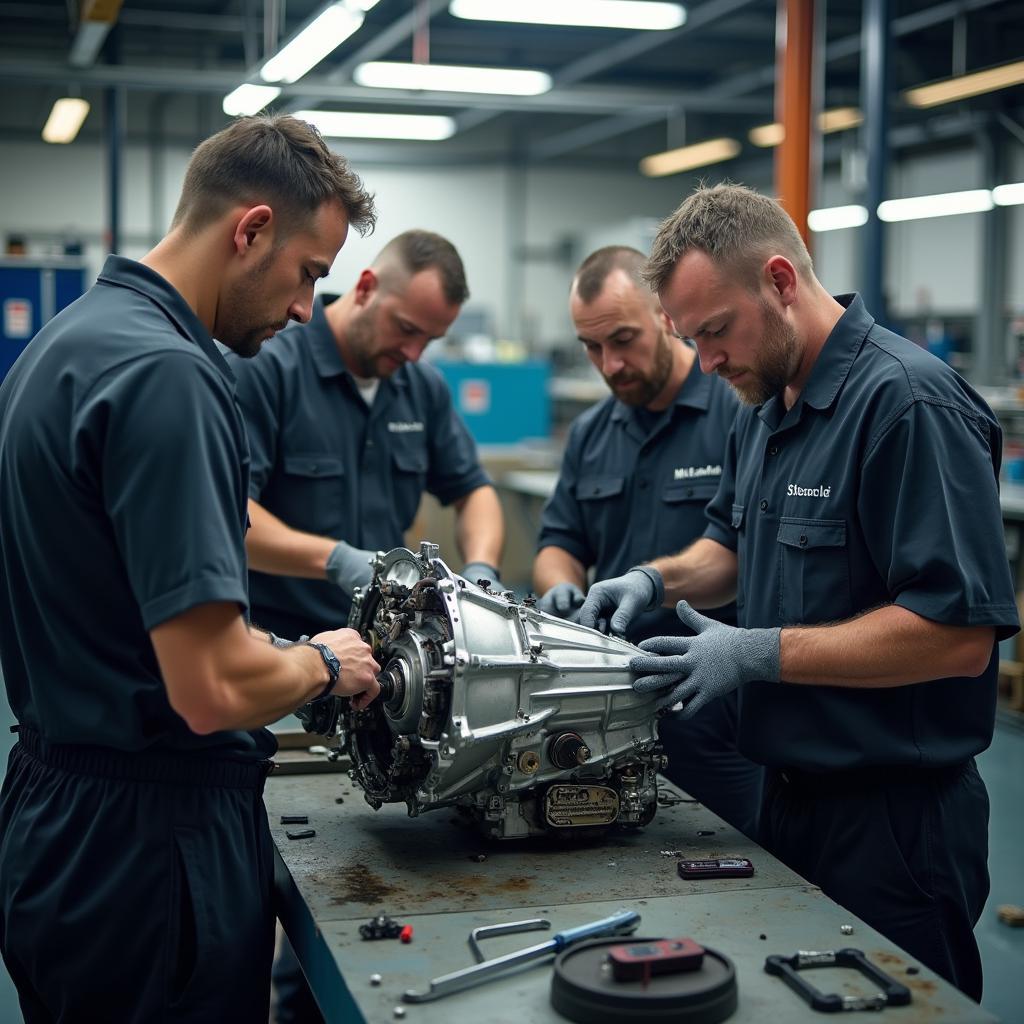 A team of mechanics working on an automatic gearbox